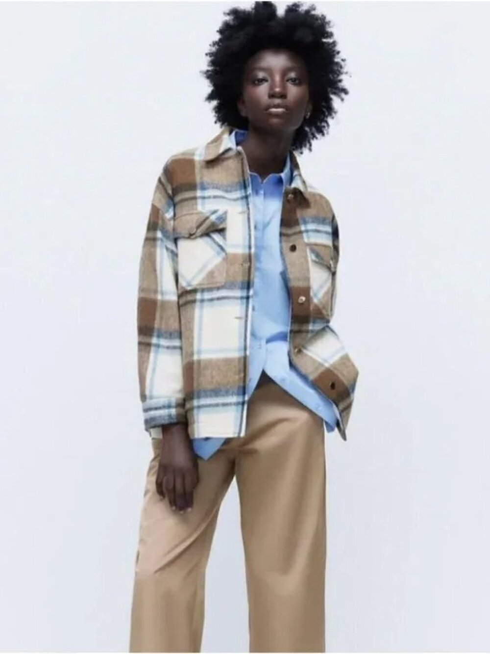 Zara Plaid Tan Blue Button Front Flannel Shacket